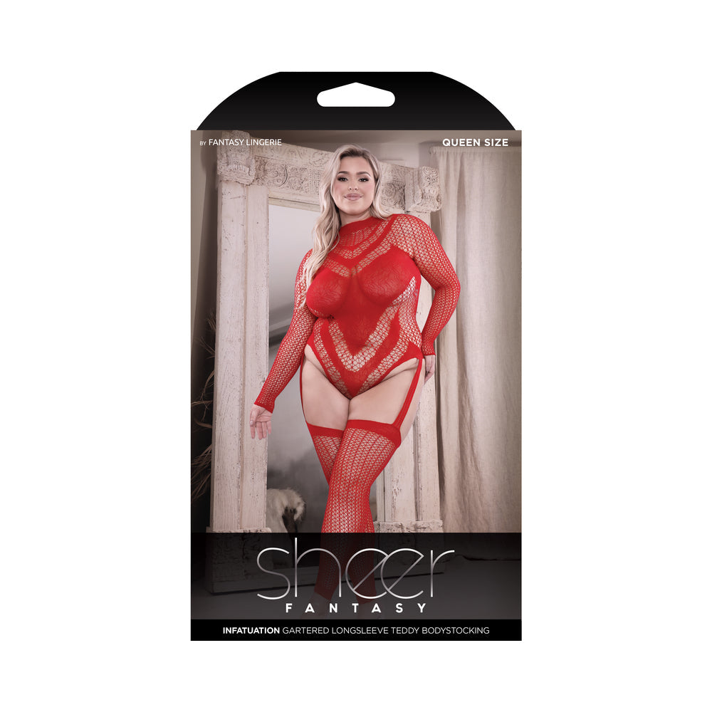 FANTASY LINGERIE SHEER INFATUATION OPEN BACK LONGSLEEVE TEDDY BODYSTOCKING RED QUEEN SIZE