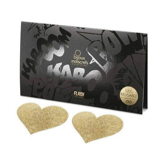 BIJOUX INDISCRETS FLASH REUSABLE GLITTER PASTIES HEART GOLD