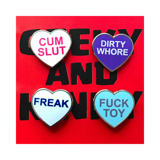 GEEKY & KINKY HEART PIN 4-PACK (CUM SLUT, DIRTY WHORE, FREAK, FUCK TOY)