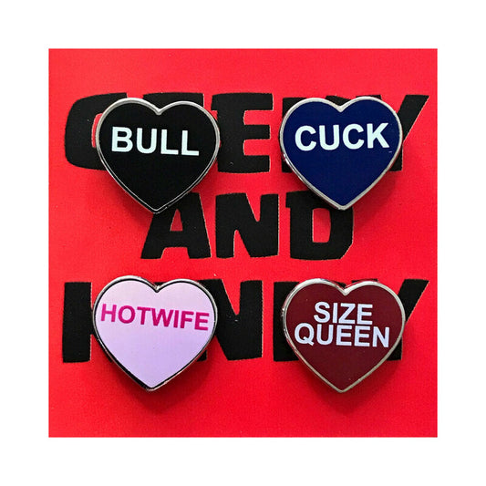 GEEKY & KINKY HEART PIN 4-PACK (BULL, CUCK, HOTWIFE, SIZE QUEEN)