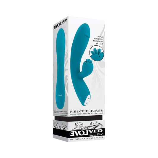 EVOLVED - VIBRADOR DOBLE ESTIMULACIÓN RECARGABLE DE SILICONA AZUL VERDOSO FIERCE FLICKER