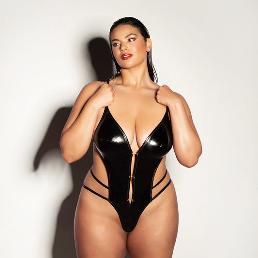 OH LA LA CHERI WHIPPED SOFT CUP OPEN GUSSET VINYL TEDDY WITH BARBELL TRIM QUEEN SIZE