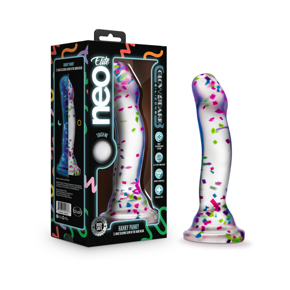 BLUSH - NEO ELITE HANKY PANKY DILDO DE SILICONA QUE BRILLA EN LA OSCURIDAD CON CONFETI DE 7.5 PULGADAS