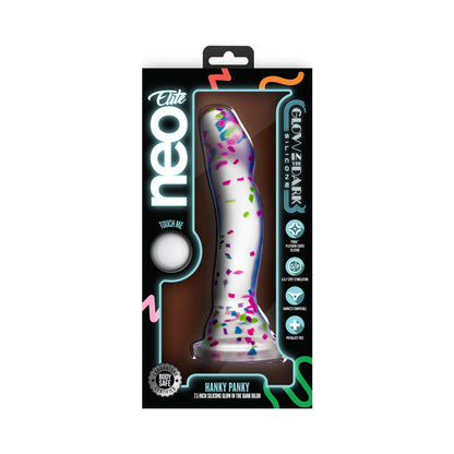 BLUSH - NEO ELITE HANKY PANKY DILDO DE SILICONA QUE BRILLA EN LA OSCURIDAD CON CONFETI DE 7.5 PULGADAS