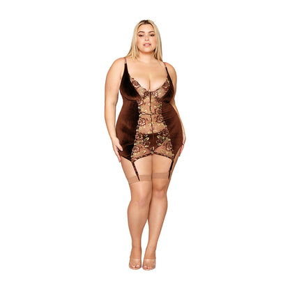 DREAMGIRL - STRETCH VELVET AND EMBROIDERED BAND GARTER SLIP AND G-STRING SET ESPRESSO 3XL