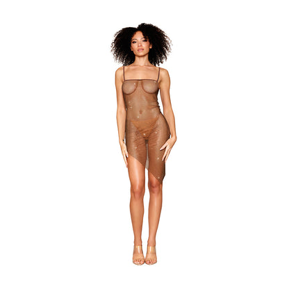 DREAMGIRL - RHINESTONE EMBELLISHED FISHNET CHEMISE WITH AN ASYMMETRICAL HEMLINE ESPRESSO