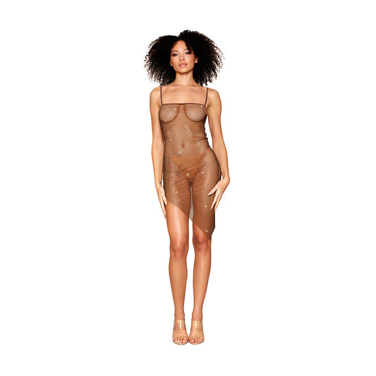 DREAMGIRL - RHINESTONE EMBELLISHED FISHNET CHEMISE WITH AN ASYMMETRICAL HEMLINE ESPRESSO