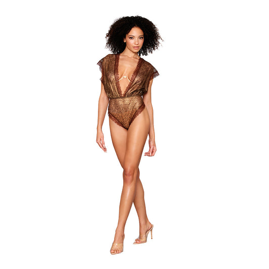 DREAMGIRL - DELICATE GOLD-FOIL LACE BLOUSON TEDDY & RHINESTONE METAL UNDERWIRE BRA SET GOLD XL