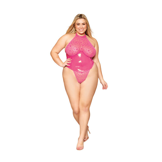 DREAMGIRL FLOCKED HEART STRETCH MESH AND STRETCH VINYL HALTER TEDDY PEONY 2XL