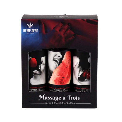 EARTHLY BODY MASSAGE-A-TROIS EDIBLE MASSAGE LOTION 3-PIECE GIFT SET BOX 2 OZ.