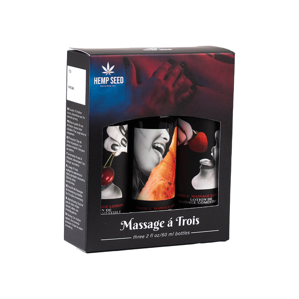 EARTHLY BODY MASSAGE-A-TROIS EDIBLE MASSAGE LOTION 3-PIECE GIFT SET BOX 2 OZ.
