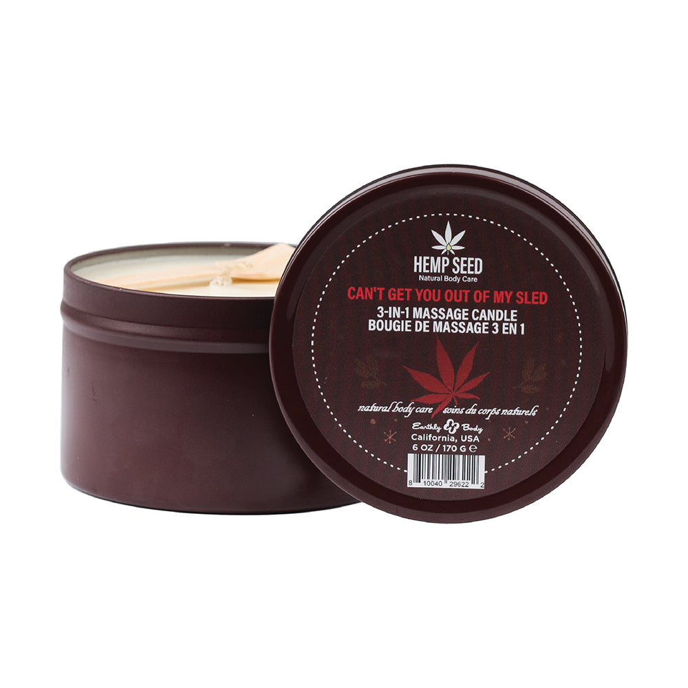 EARTHLY BODY HEMP SEED 3-IN-1 HOLIDAY CANDLE CAN''T GET YOU OUT OF MY SLED 6 OZ.