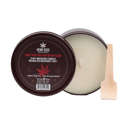 EARTHLY BODY HEMP SEED 3-IN-1 HOLIDAY CANDLE CAN''T GET YOU OUT OF MY SLED 6 OZ.