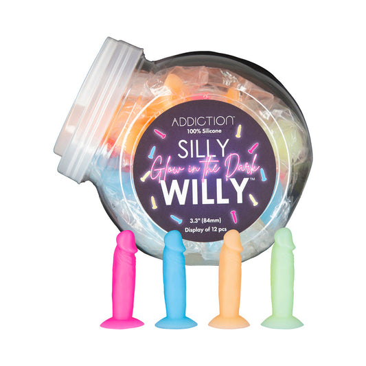 BMS - ADDICTION SILLY WILLY GLOW-IN-THE-DARK 3.3 IN. SILICONE DILDO 12-PIECE FISHBOWL DISPLAY
