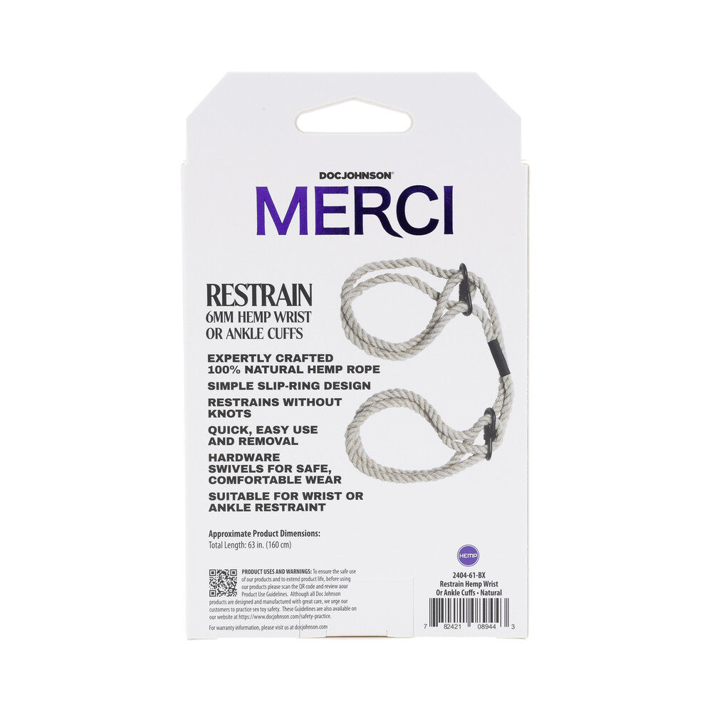 MERCI RESTRAIN 6MM HEMP WRIST OR ANKLE CUFFS NATURAL