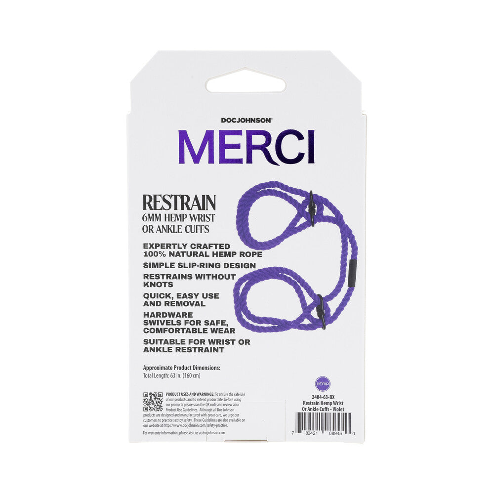 MERCI RESTRAIN 6MM HEMP WRIST OR ANKLE CUFFS VIOLET