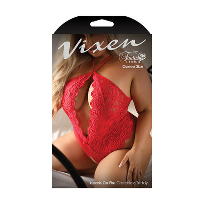 FANTASY LINGERIE VIXEN HEARTS ON FIRE CROTCHLESS LACE TEDDY WITH OPEN PEARL DRAPED BACK RED QUEEN SIZE