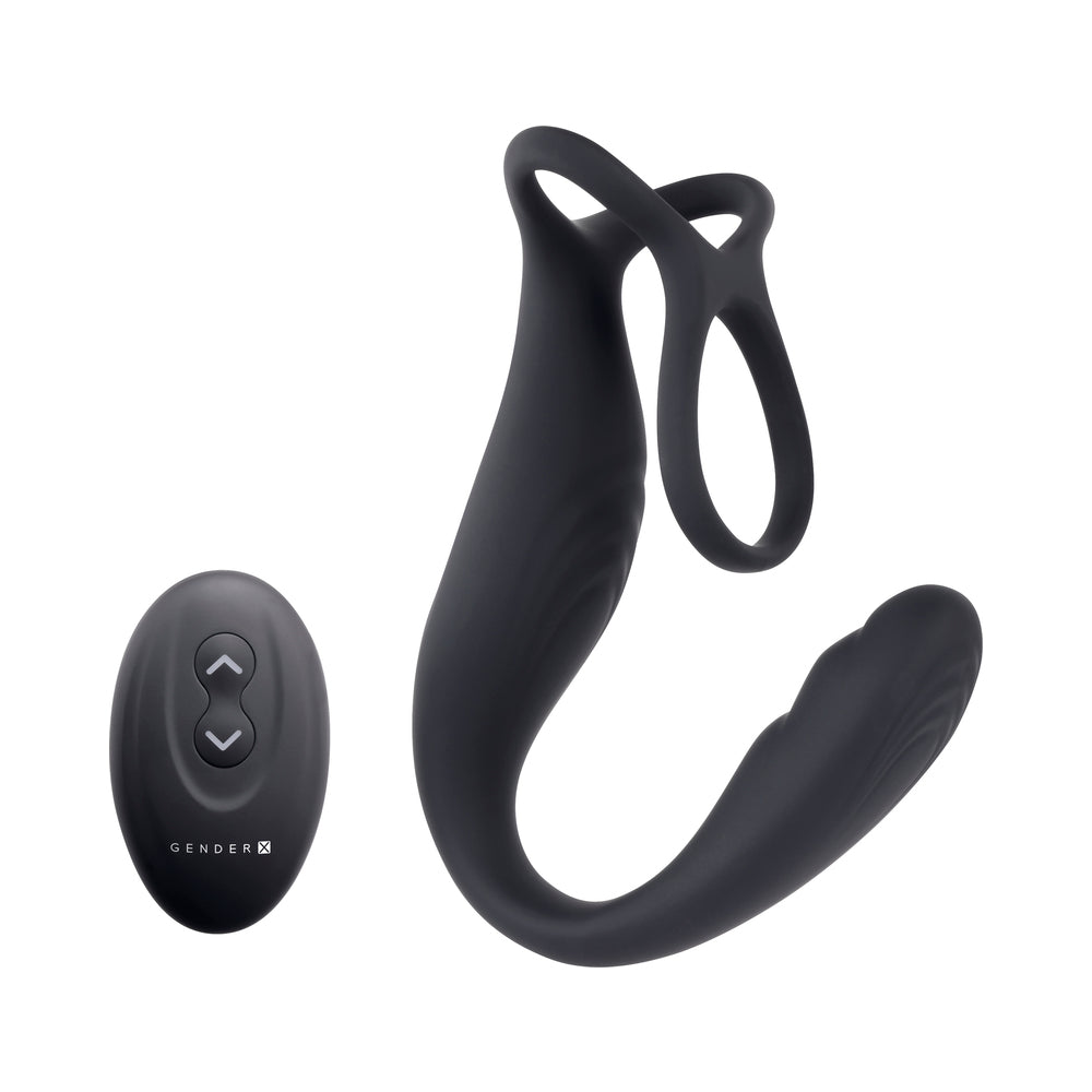 GENDER X THE WRANGLER RECHARGEABLE SILICONE VIBRATING C-RING WITH REMOTE BLACK