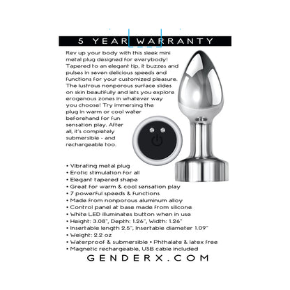 GENDER X ROCKIN'' METAL PLUG MINI RECHARGEABLE VIBRATING ANAL PLUG ALUMINUM SILVER