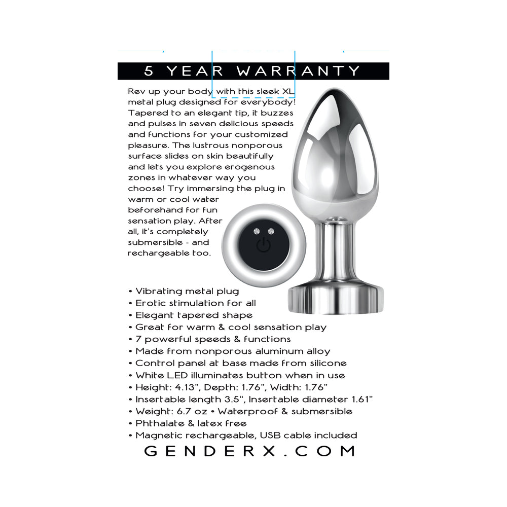 GENDER X ROCKIN'' METAL PLUG XL RECHARGEABLE VIBRATING ANAL PLUG ALUMINUM SILVER