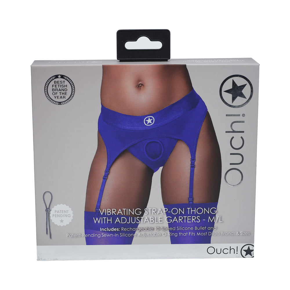 OUCH! VIBRATING STRAP-ON THONG WITH ADJUSTABLE GARTERS ROYAL BLUE M/L