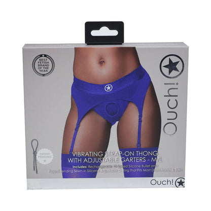 OUCH! VIBRATING STRAP-ON THONG WITH ADJUSTABLE GARTERS ROYAL BLUE M/L