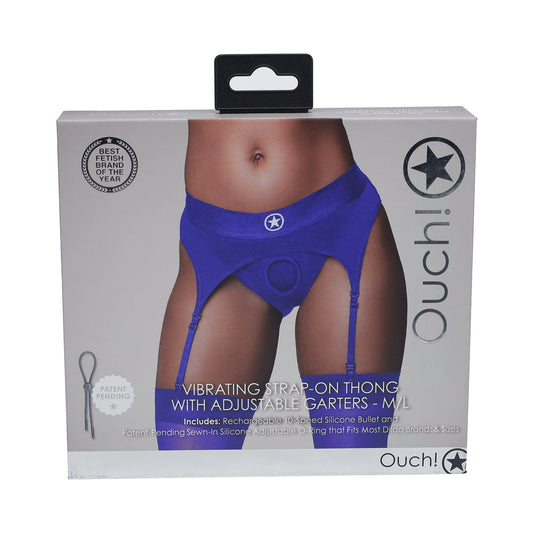 OUCH! VIBRATING STRAP-ON THONG WITH ADJUSTABLE GARTERS ROYAL BLUE M/L