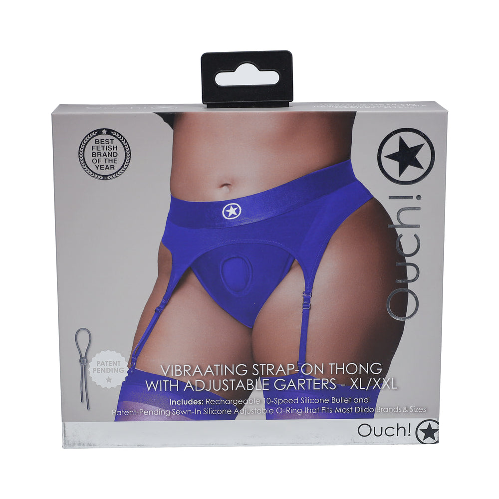 OUCH! VIBRATING STRAP-ON THONG WITH ADJUSTABLE GARTERS ROYAL BLUE XL/XXL