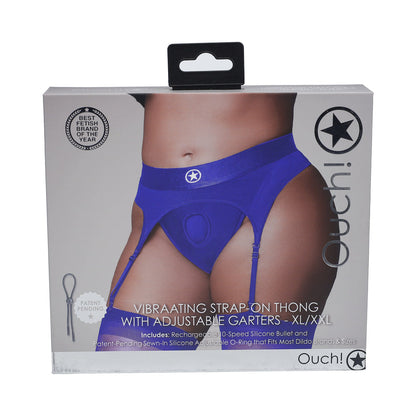 OUCH! VIBRATING STRAP-ON THONG WITH ADJUSTABLE GARTERS ROYAL BLUE XL/XXL