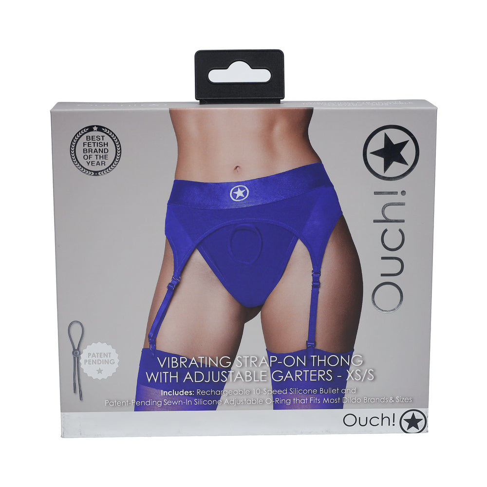 OUCH! VIBRATING STRAP-ON THONG WITH ADJUSTABLE GARTERS ROYAL BLUE XS/S