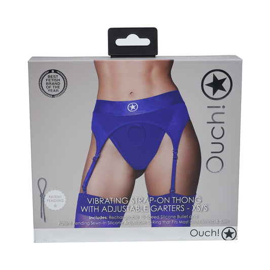 OUCH! VIBRATING STRAP-ON THONG WITH ADJUSTABLE GARTERS ROYAL BLUE XS/S