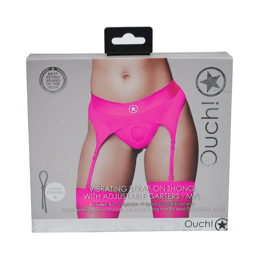 SHOTS - OUCH! VIBRATING STRAP-ON THONG WITH ADJUSTABLE GARTERS PINK M/L