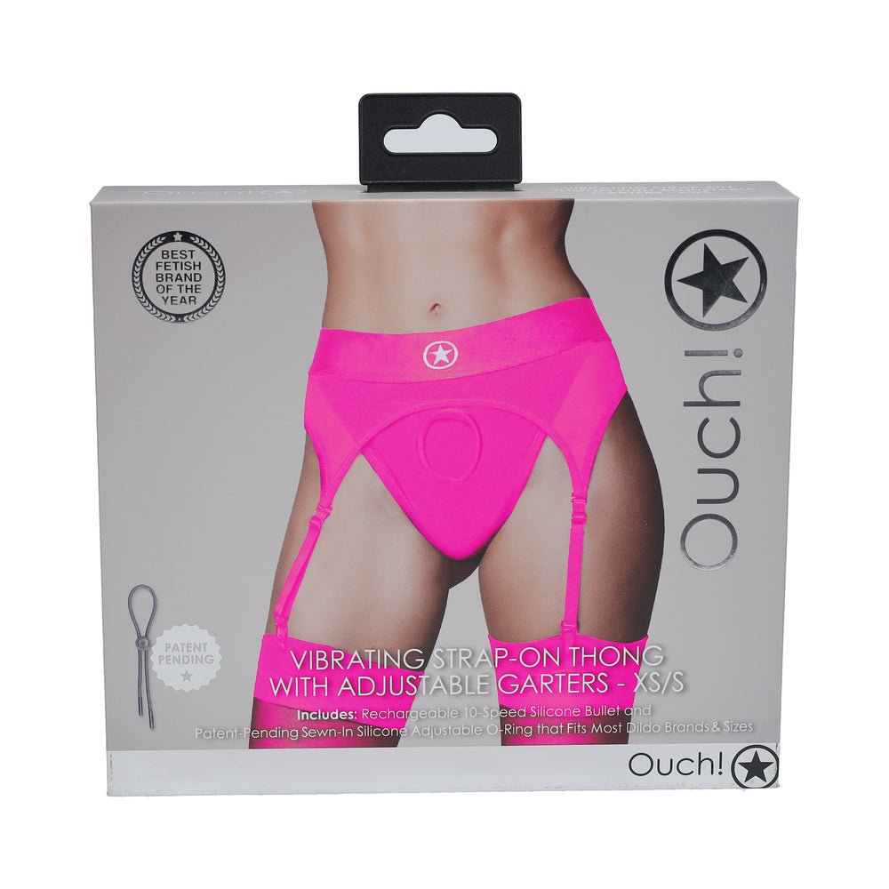 OUCH! VIBRATING STRAP-ON THONG WITH ADJUSTABLE GARTERS PINK XS/S