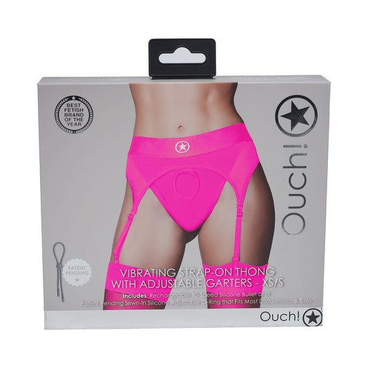 OUCH! VIBRATING STRAP-ON THONG WITH ADJUSTABLE GARTERS PINK XS/S