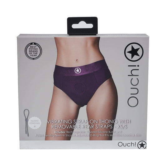 OUCH! VIBRATING STRAP-ON THONG WITH REMOVABLE BUTT STRAPS PURPLE XS/S