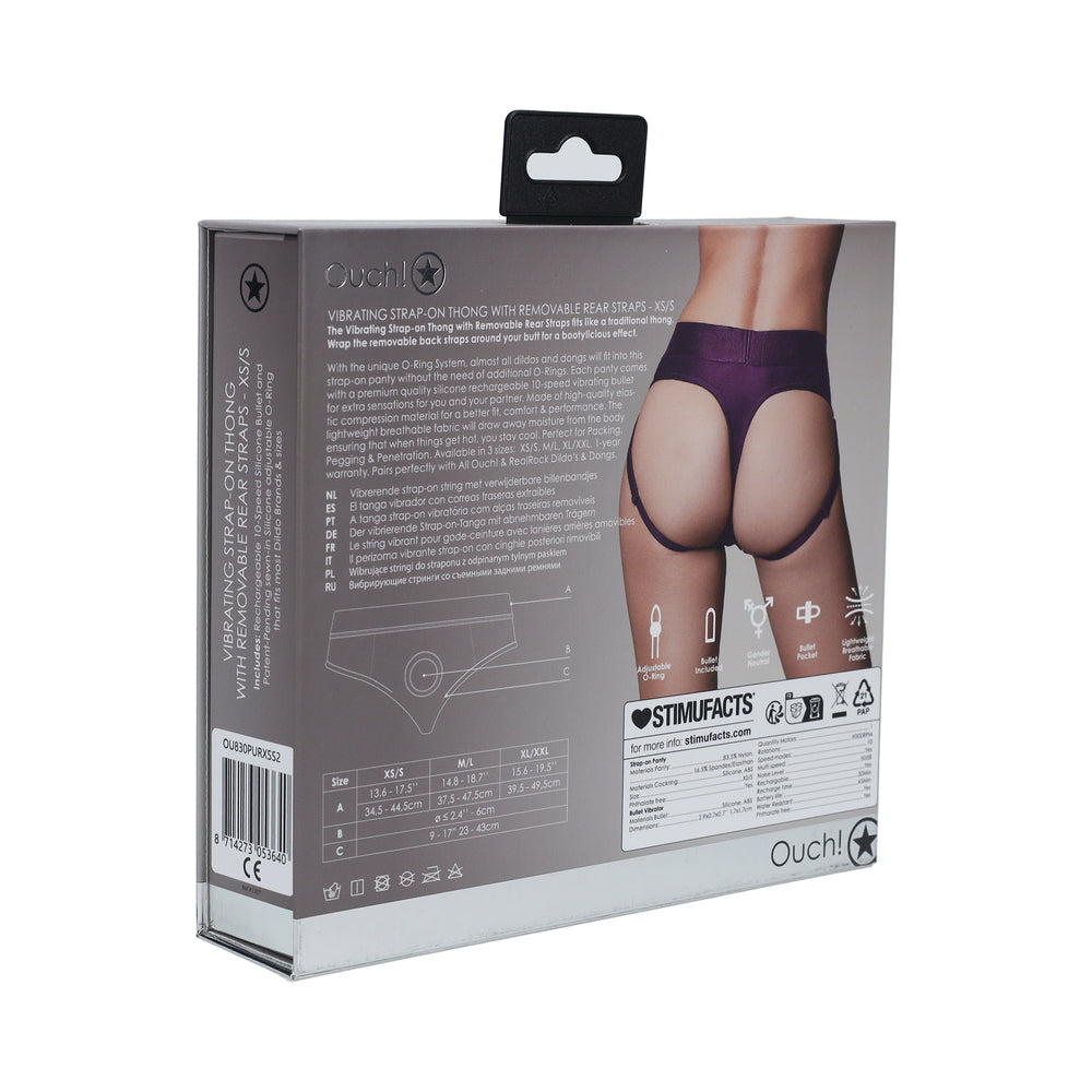 OUCH! VIBRATING STRAP-ON THONG WITH REMOVABLE BUTT STRAPS PURPLE XS/S
