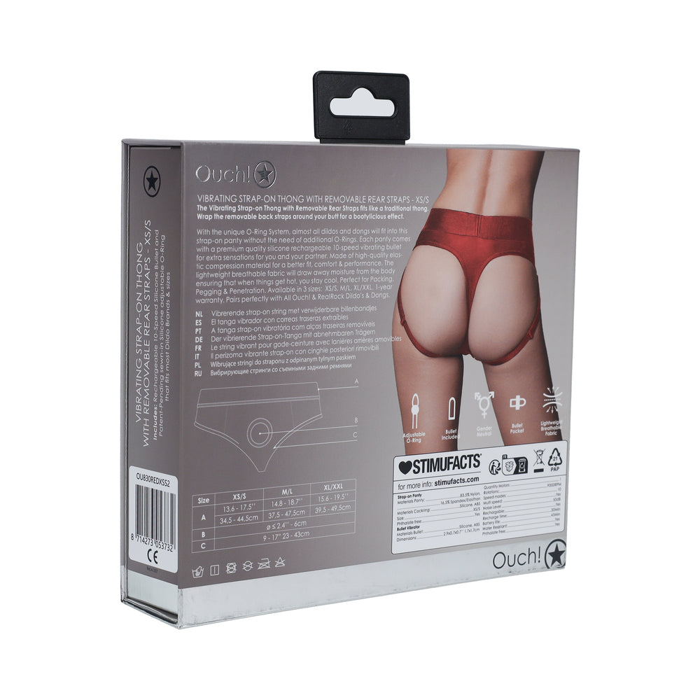 OUCH! VIBRATING STRAP-ON THONG WITH REMOVABLE BUTT STRAPS RED XS/S