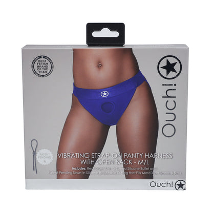 OUCH! VIBRATING STRAP-ON PANTY HARNESS WITH OPEN ROYAL BLUE BLACK M/L