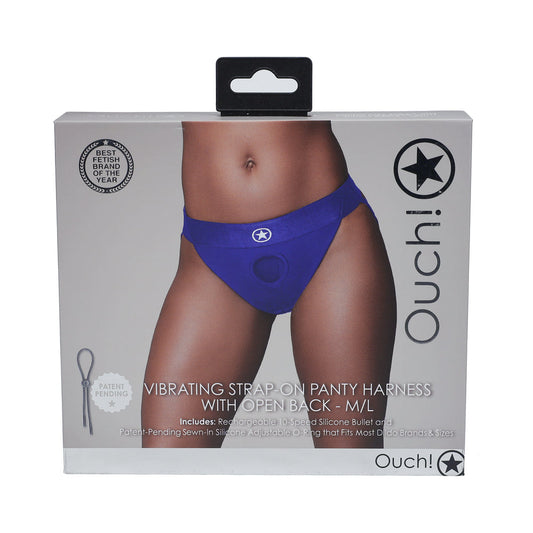 OUCH! VIBRATING STRAP-ON PANTY HARNESS WITH OPEN ROYAL BLUE BLACK M/L