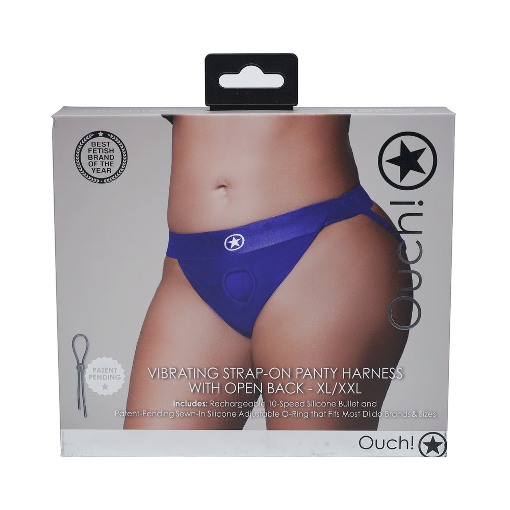 OUCH! VIBRATING STRAP-ON PANTY HARNESS WITH OPEN ROYAL BLUE BLACK XL/XXL