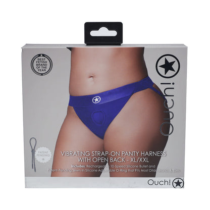 OUCH! VIBRATING STRAP-ON PANTY HARNESS WITH OPEN ROYAL BLUE BLACK XL/XXL