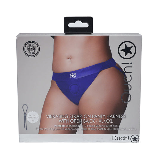 OUCH! VIBRATING STRAP-ON PANTY HARNESS WITH OPEN ROYAL BLUE BLACK XL/XXL