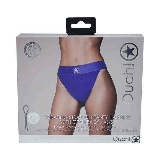 SHOTS - OUCH! VIBRATING STRAP-ON PANTY HARNESS WITH OPEN ROYAL BLUE BLACK XS/S