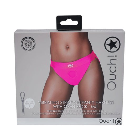 OUCH! VIBRATING STRAP-ON PANTY HARNESS WITH OPEN PINK BLACK M/L