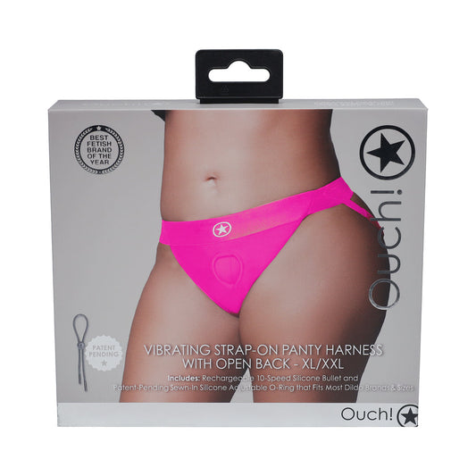 OUCH! VIBRATING STRAP-ON PANTY HARNESS WITH OPEN PINK BLACK XL/XXL