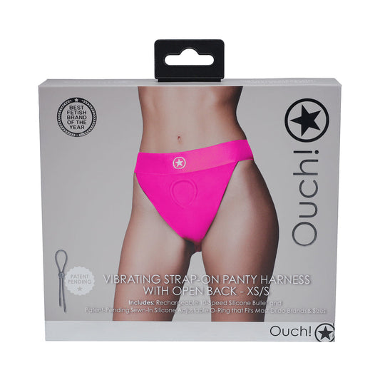 SHOTS - OUCH! VIBRATING STRAP-ON PANTY HARNESS WITH OPEN PINK BLACK XS/S