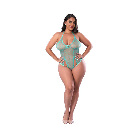 MAGIC SILK SOFT PETALS CUT OUT TEDDY WITH SNAP CROTCH AQUA QUEEN SIZE