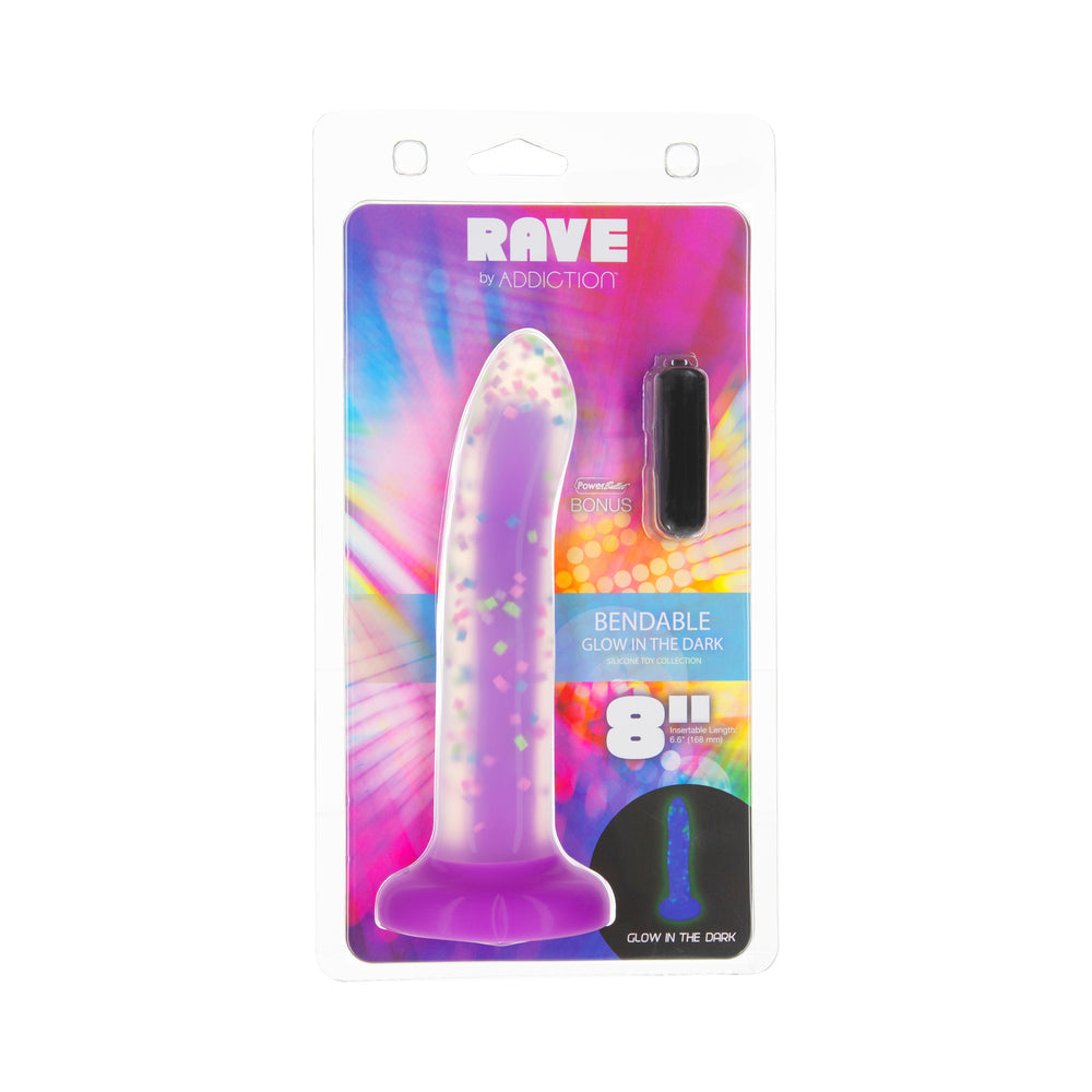 ADDICTION RAVE 8 IN. BENDABLE GLOW-IN-THE-DARK SILICONE DILDO PURPLE CONFETTI