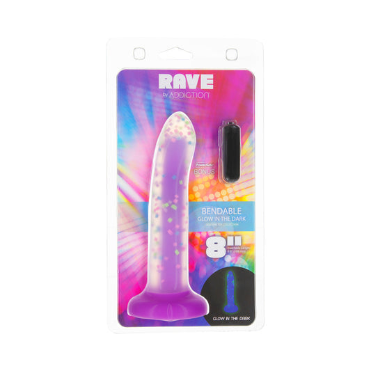 ADDICTION RAVE 8 IN. BENDABLE GLOW-IN-THE-DARK SILICONE DILDO PURPLE CONFETTI