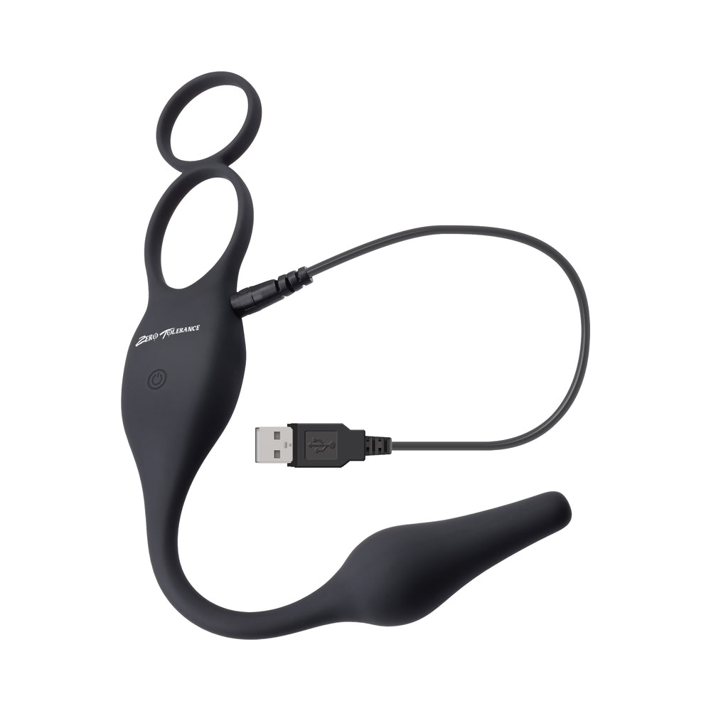 ZERO TOLERANCE PLUG & TUG RECHARGEABLE VIBRATING C-RING COMBO SILICONE BLACK